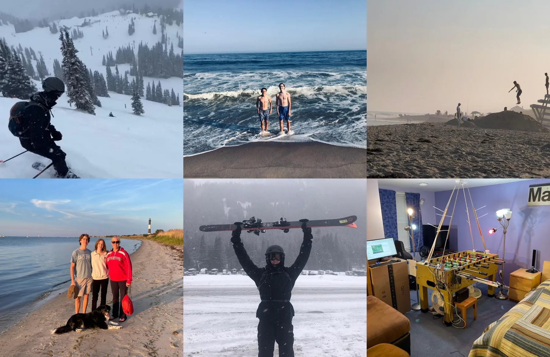 A six-photo collage: skiing through falling snow, two swimmers standing in the surf, a beach at dusk, family and a dog beside a lighthouse, skis held overhead on a foggy slope, and a foosball table at home rigged with an overhead camera mount.
