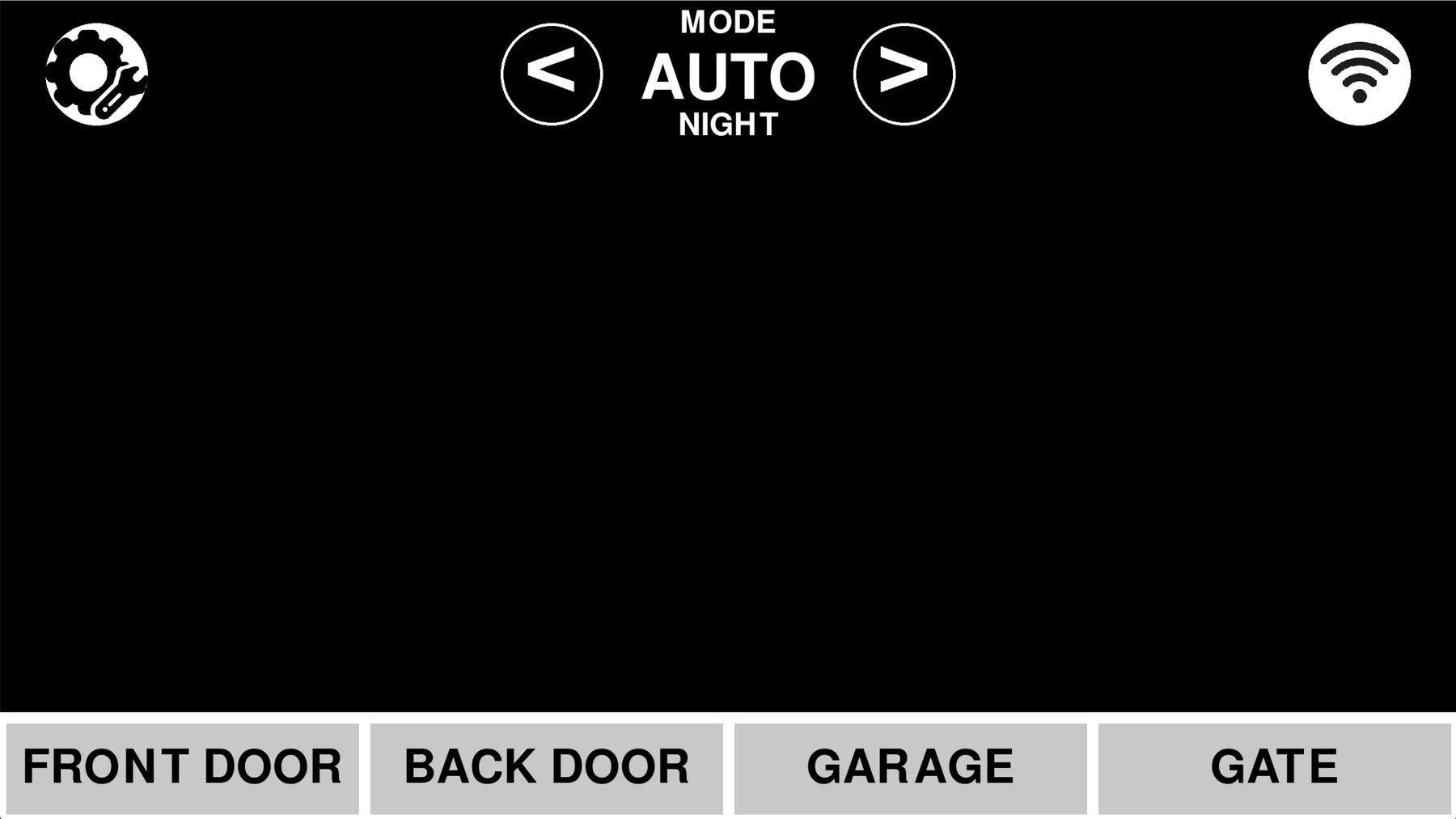 Black Pygame alarm panel in Auto Night mode with settings, mode arrows, Wi-Fi status and four door sensors