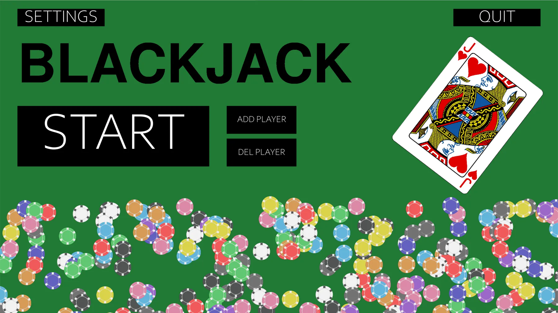Blackjack start screen on green felt with settings, player controls, poker chips and a jack of hearts