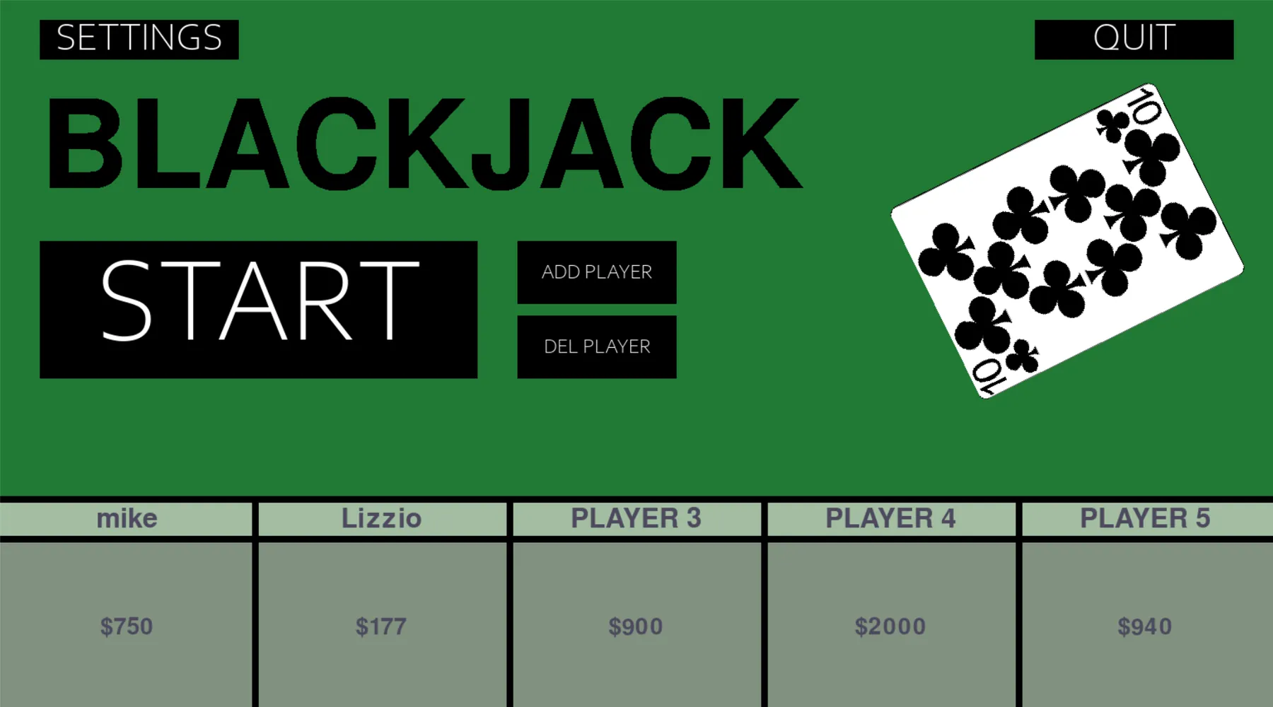 Blackjack setup screen for choosing the number of players and each player's starting balance