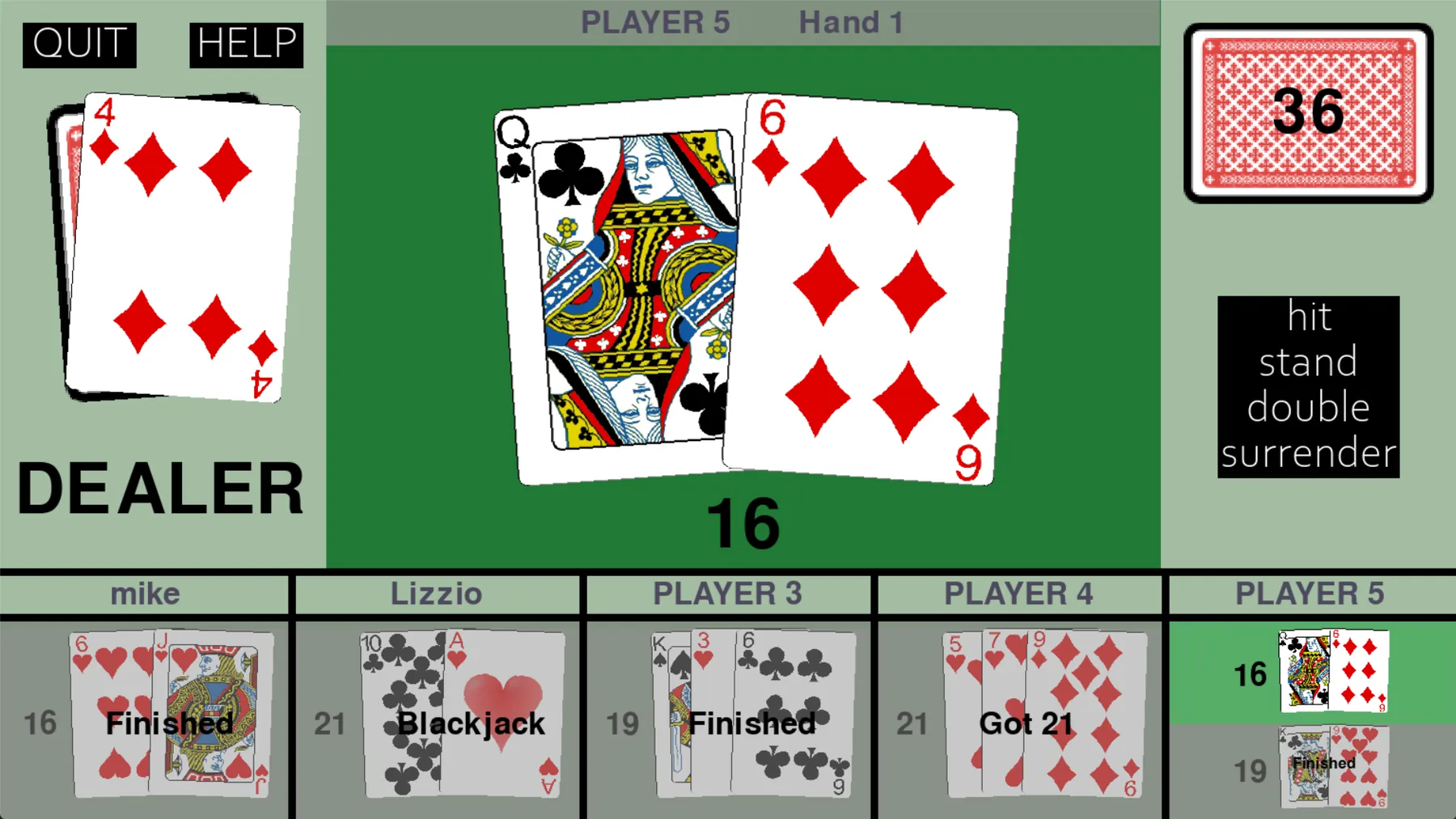 Five-player blackjack round with the dealer showing a four and player five choosing an action on sixteen