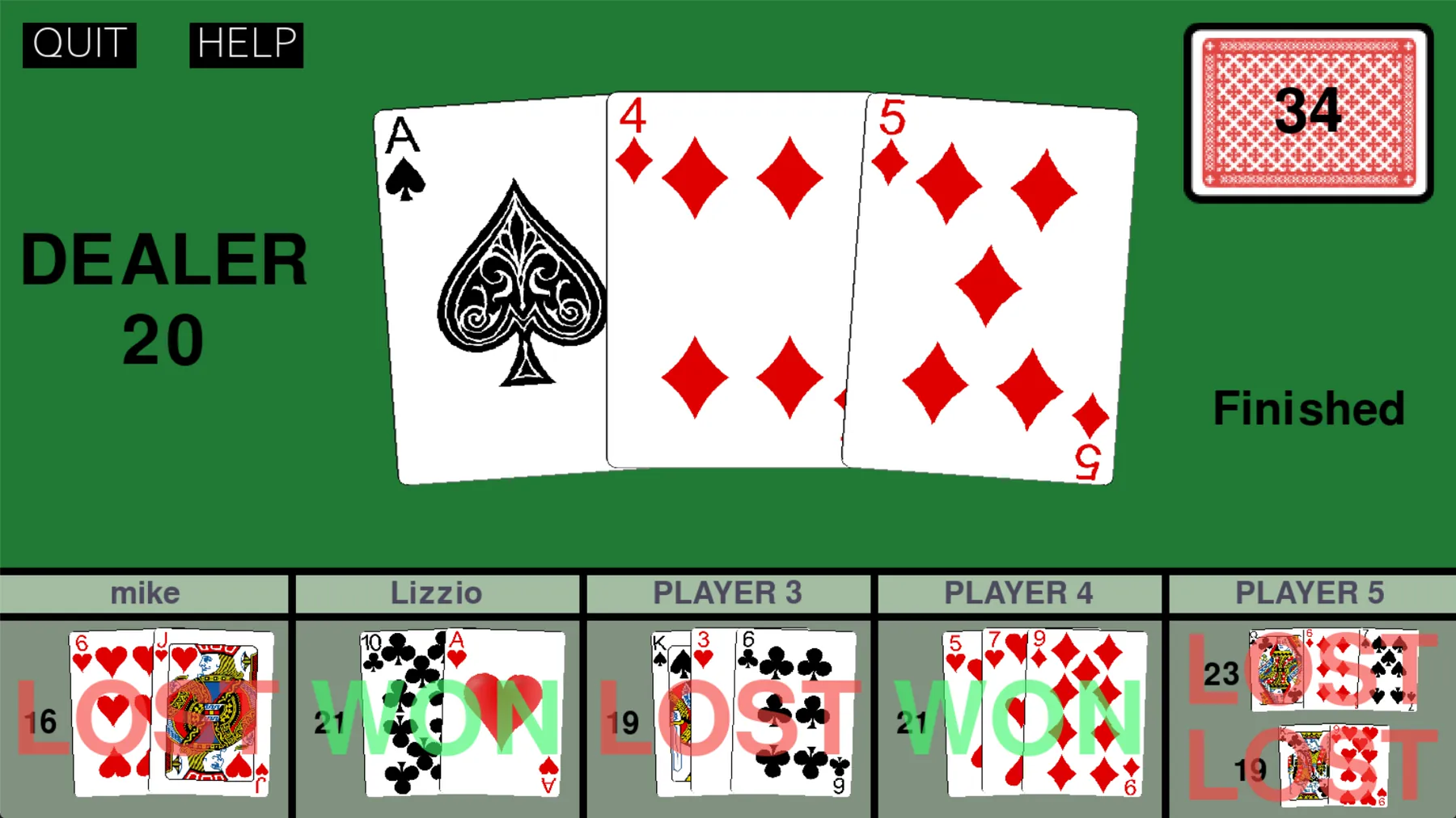 Round results overlay showing the dealer on twenty and each player's won or lost result