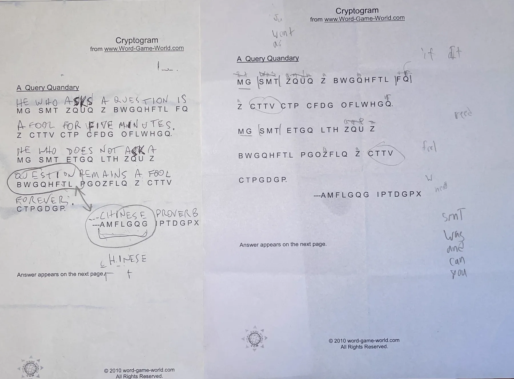 Photo of the cryptogram handout from computer science class, solved twice by hand — the author's dad's solution alongside the author's own