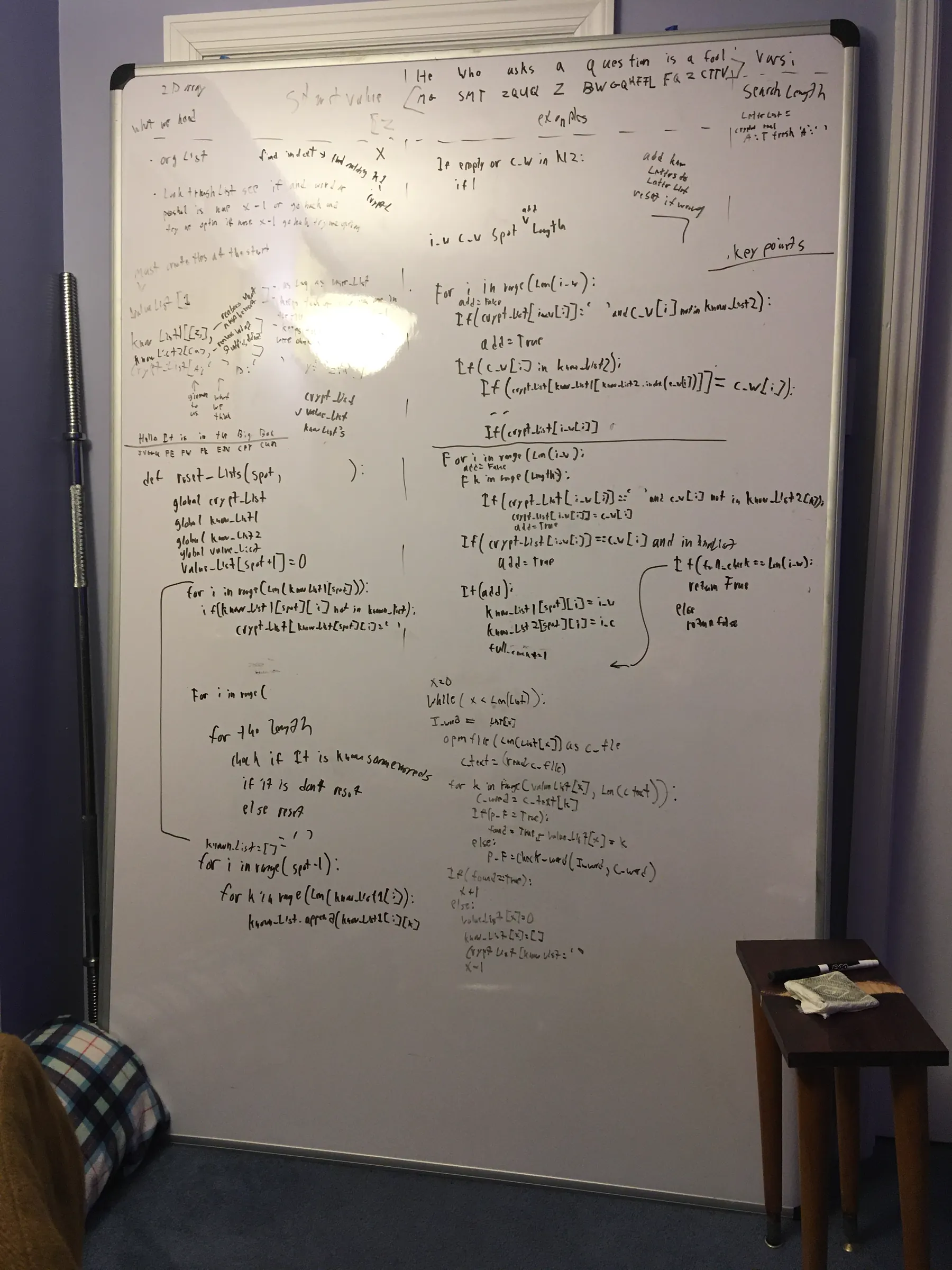 Photo of the author's rescued whiteboard, used to plan the cryptogram algorithm