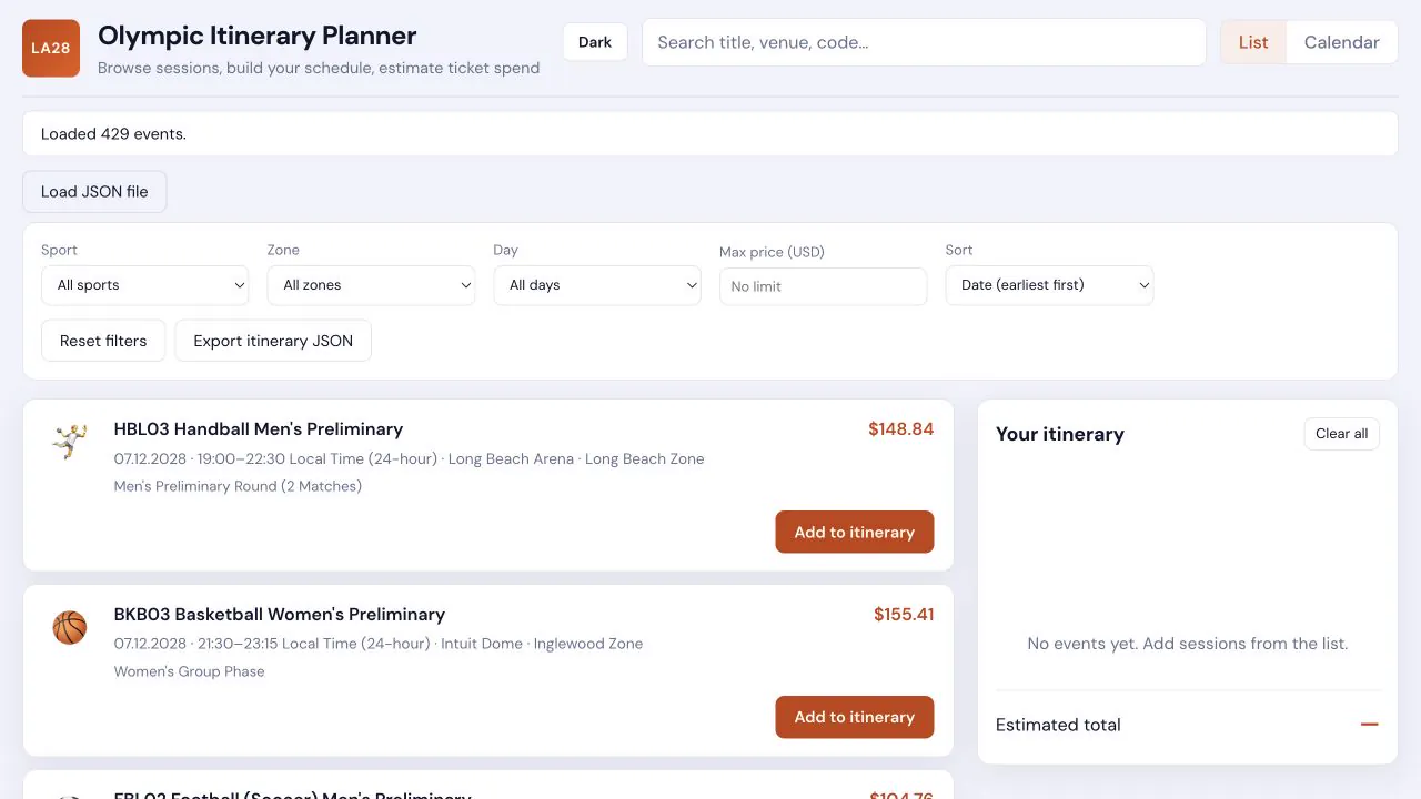 LA28 itinerary planner showing 429 loaded events, event filters, session cards and an itinerary sidebar
