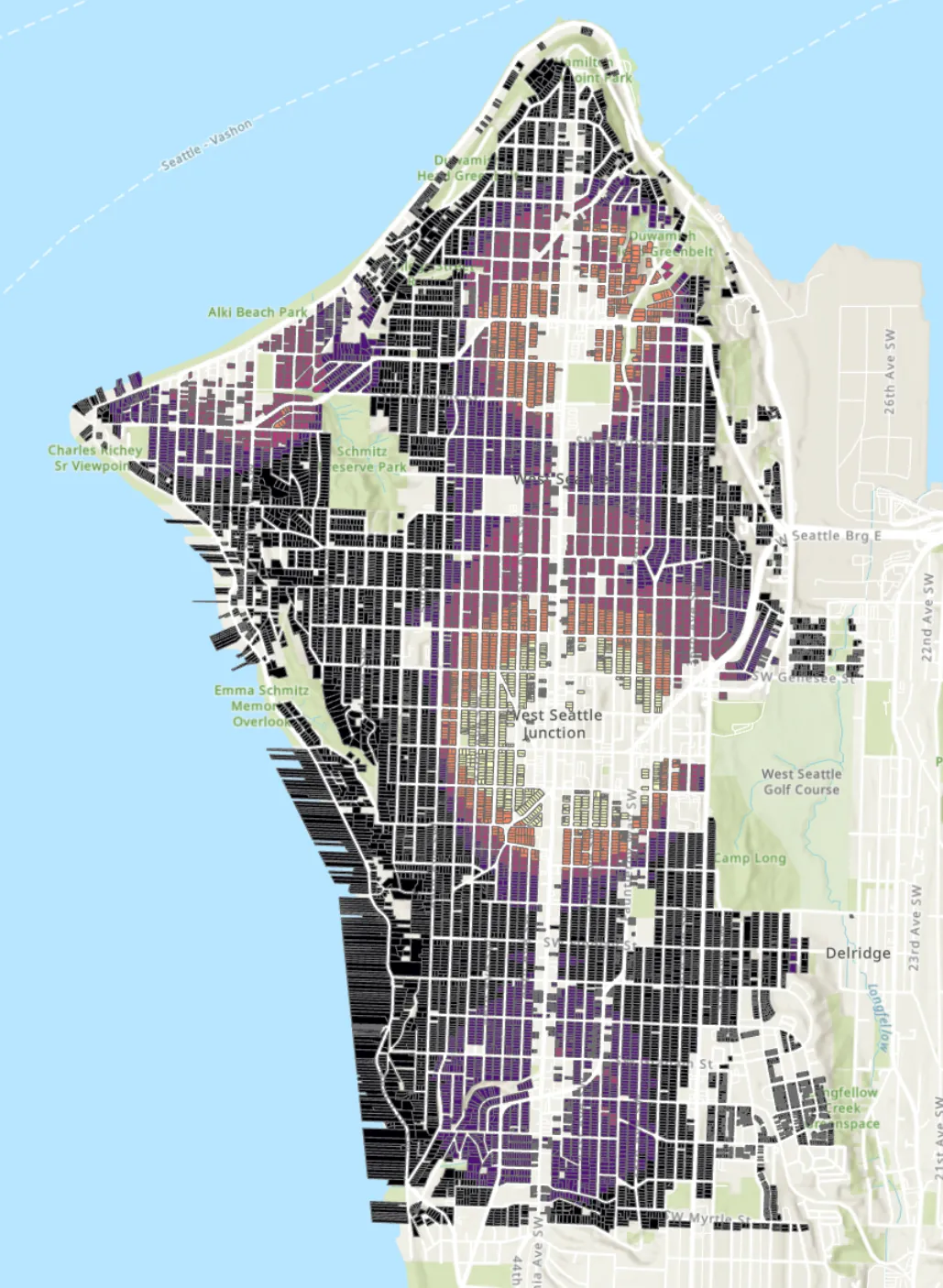 Map and controls showing high parcel scores clustered near a dense group of food amenities