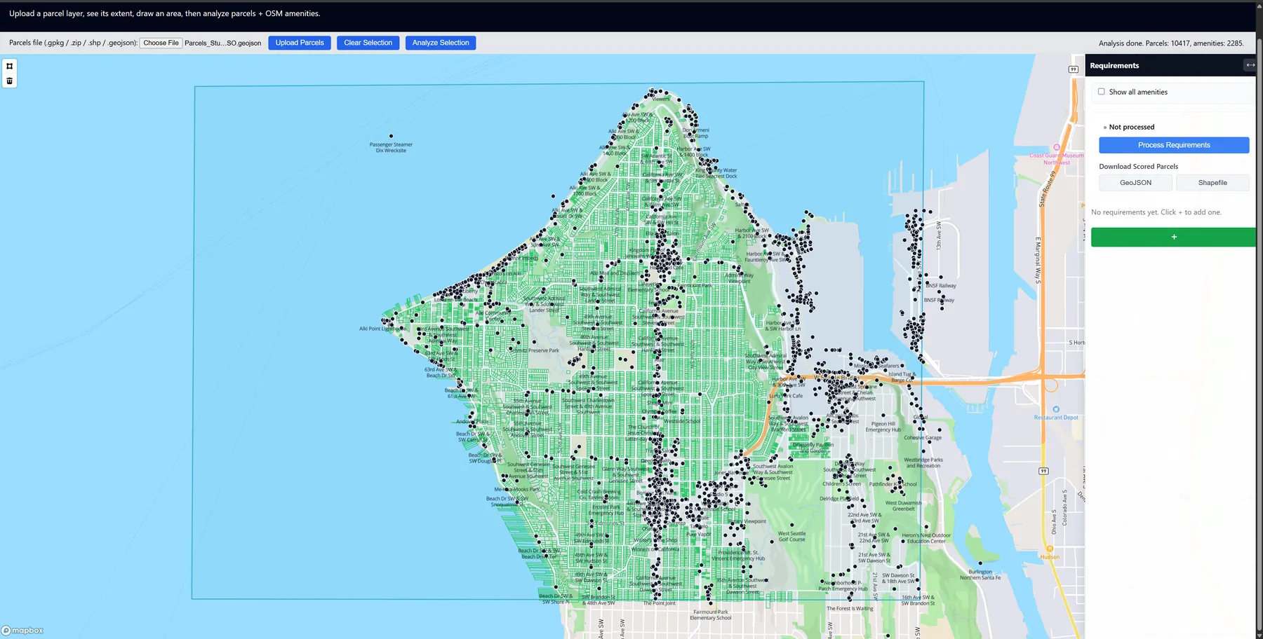 Seattle map before analysis with residential parcels shown as outlines and requirement controls beside it