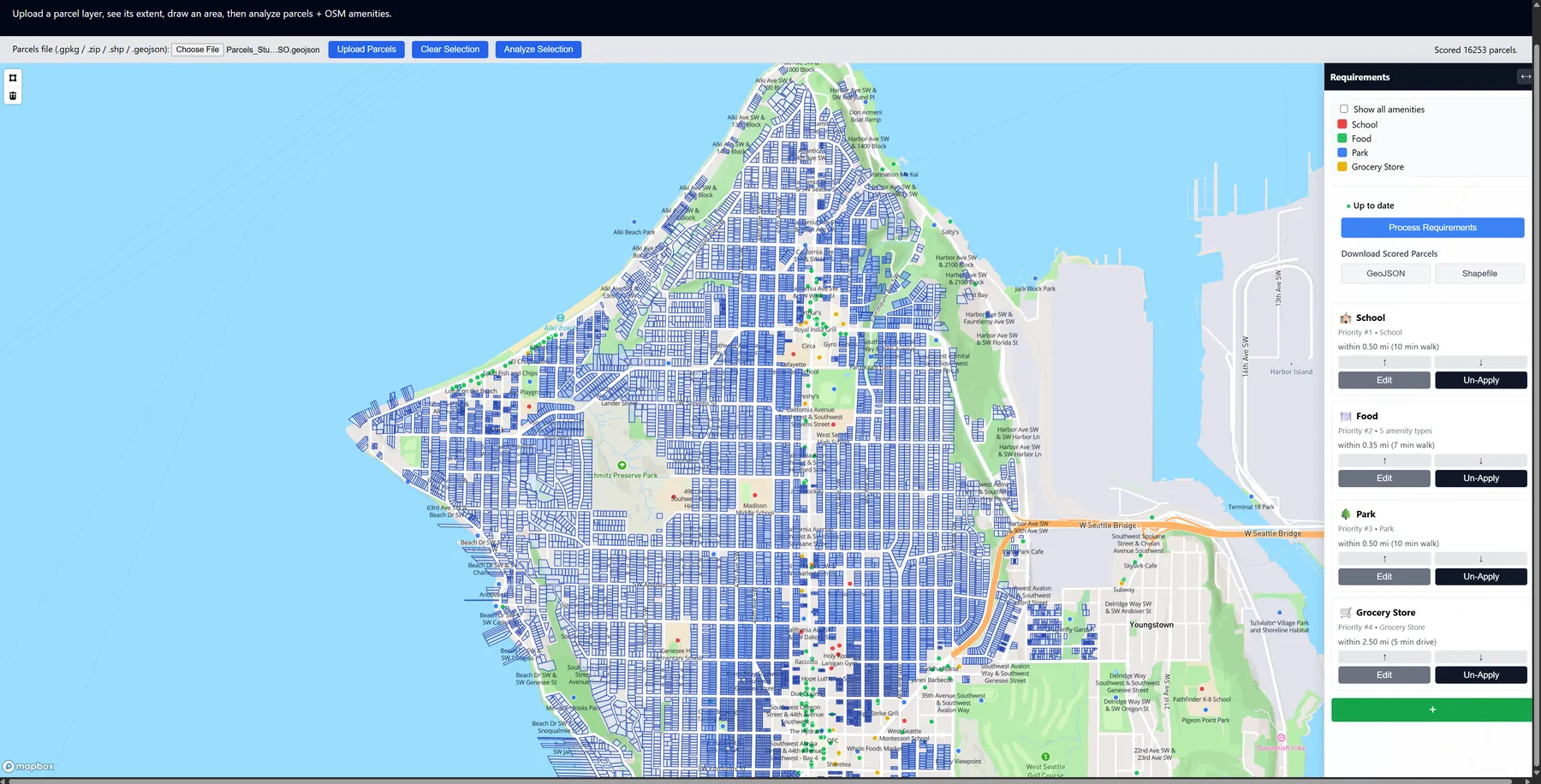 Mapbox map of Seattle residential parcels colored from light to dark by their suitability score