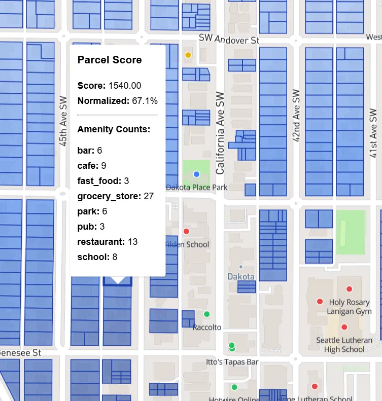 Parcel score popup listing the selected parcel's total and the amenities contributing to it