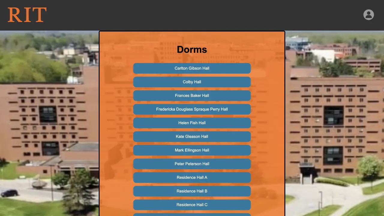 Dorm selection page listing RIT residence halls over a campus photograph