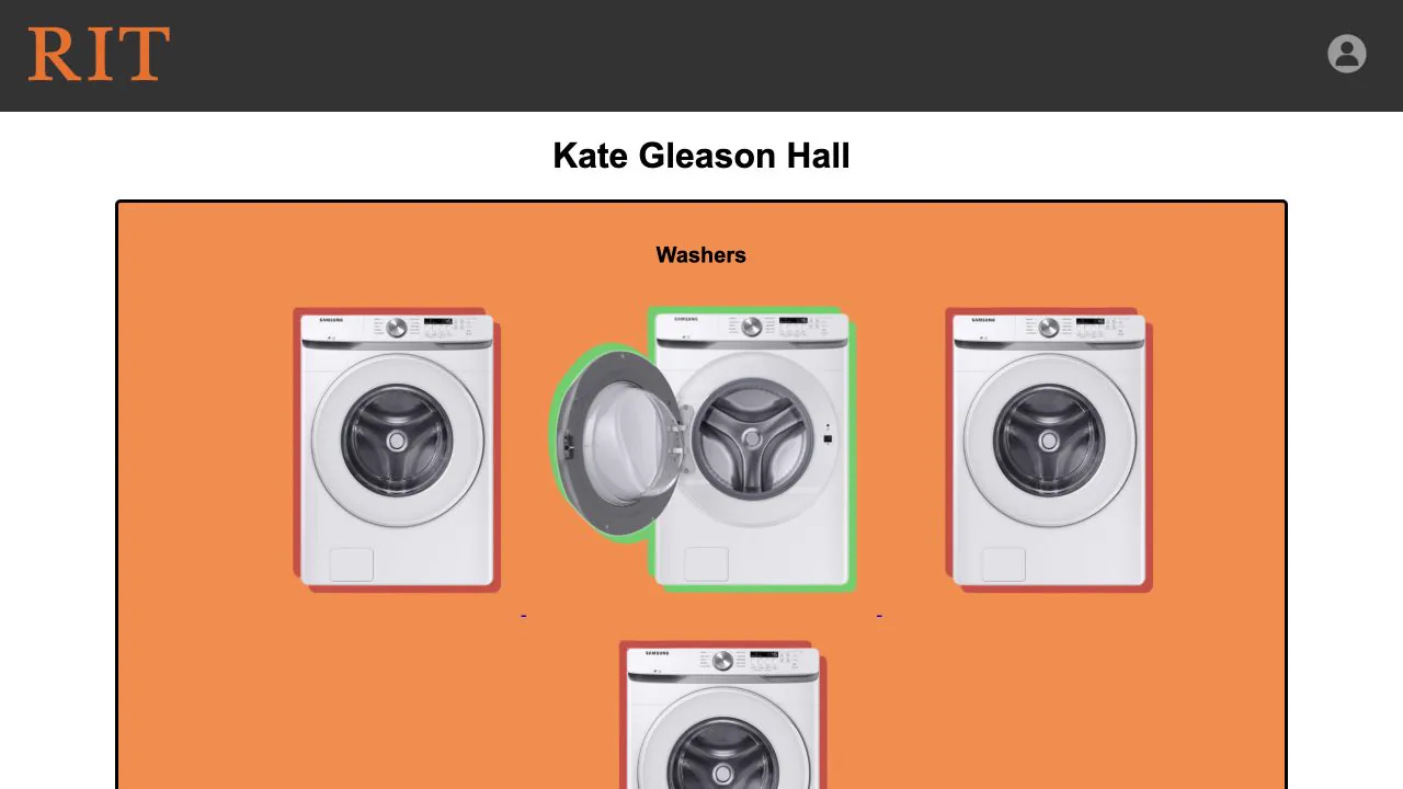 RIT dorm laundry page showing Kate Gleason Hall washers outlined in green when available and red when in use
