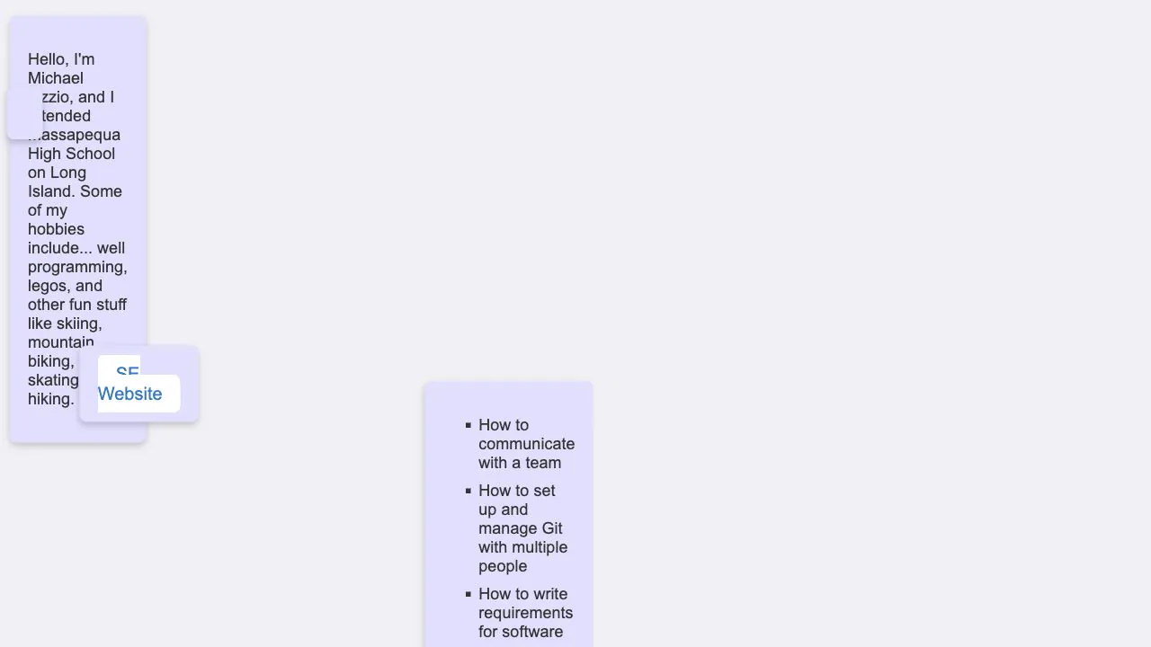 SWEN 101 introduction page with four lavender content boxes scattered and overlapping as they avoid the cursor