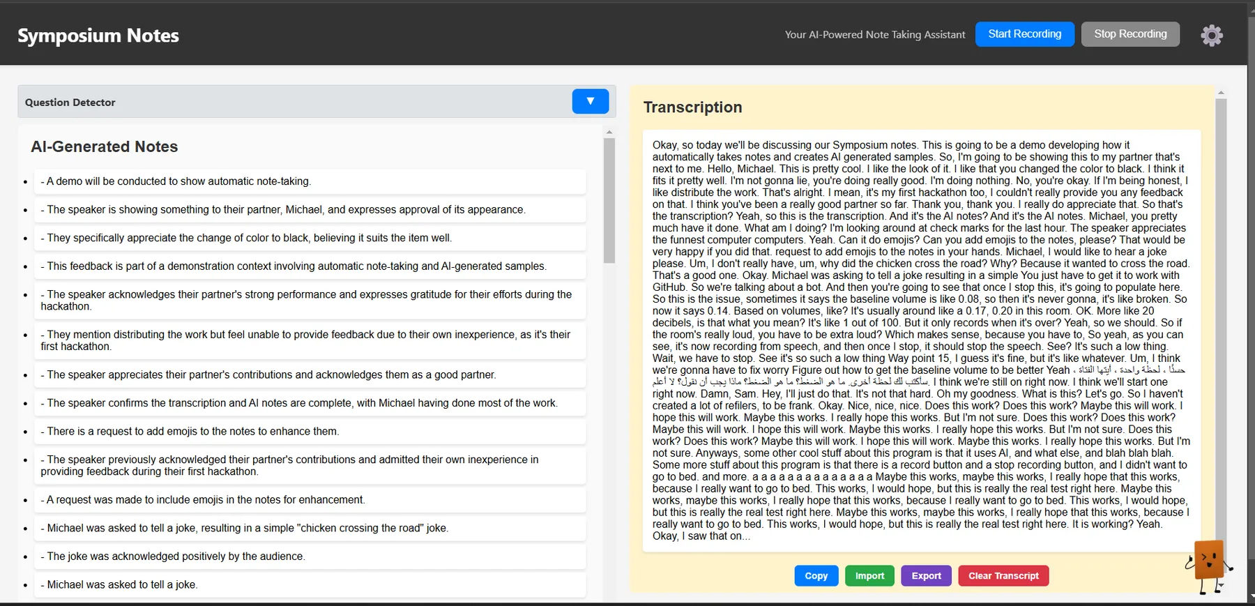 Symposium Notes showing a recorded conversation transcribed on the right and summarized into bullet-point notes on the left