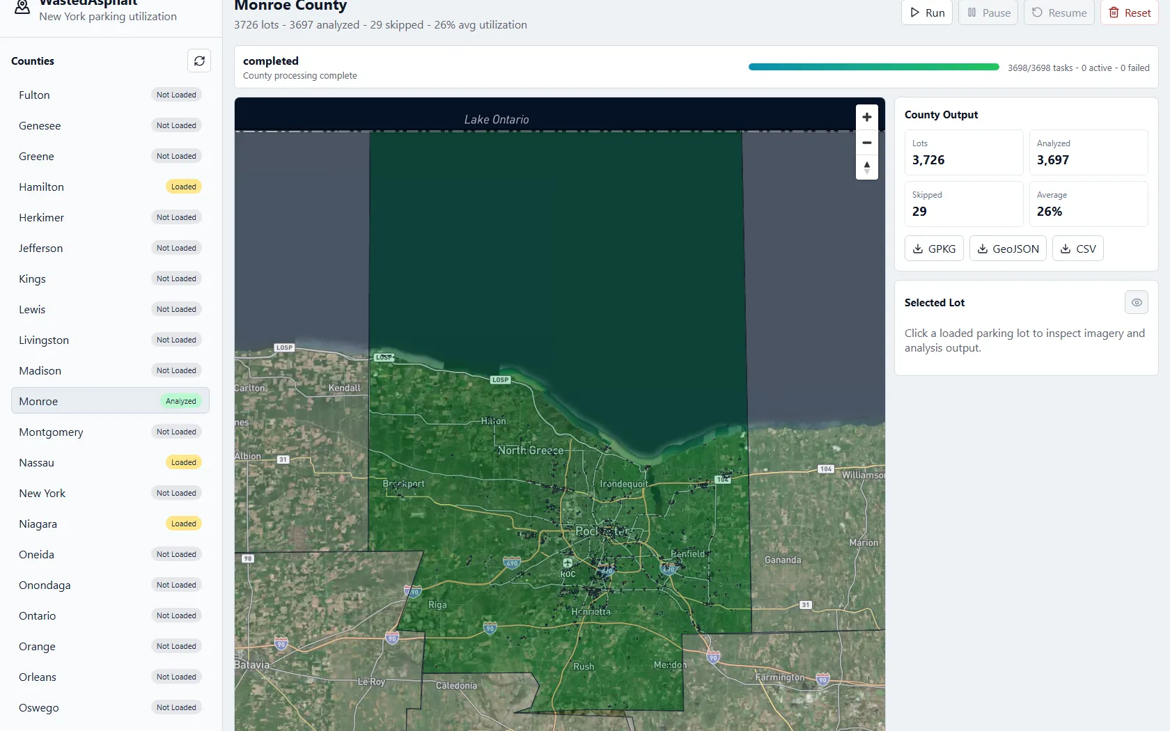 Monroe County results screen with buttons to export GeoPackage, GeoJSON, and CSV files