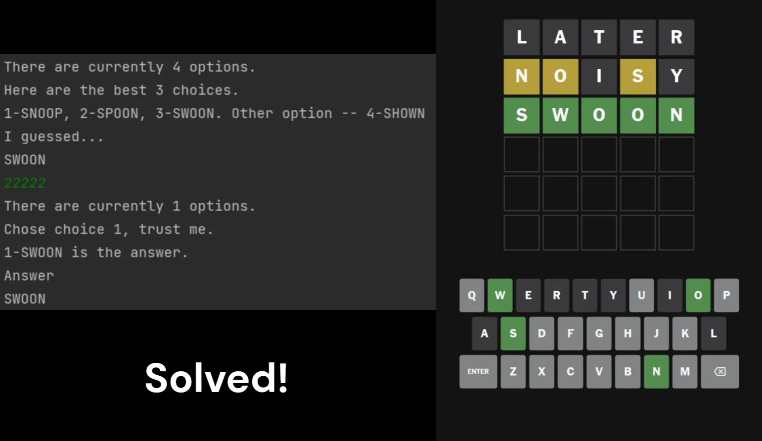 Wordle Solver narrowing the candidates to SWOON and completing the browser puzzle